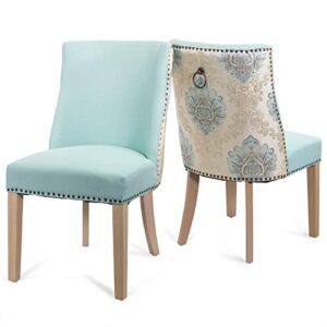 barton 2-pcs parson curved high-back dining chair armless nailhead trim cushion seat back ring pull, blue/gold