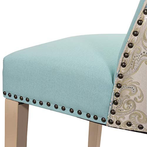 Barton 2-Pcs Parson Curved High-Back Dining Chair Armless Nailhead Trim Cushion Seat Back Ring Pull, Blue/Gold