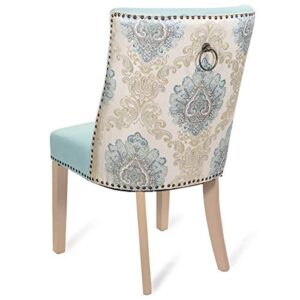 Barton 2-Pcs Parson Curved High-Back Dining Chair Armless Nailhead Trim Cushion Seat Back Ring Pull, Blue/Gold