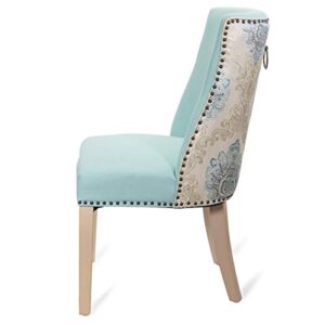 Barton 2-Pcs Parson Curved High-Back Dining Chair Armless Nailhead Trim Cushion Seat Back Ring Pull, Blue/Gold