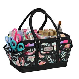 everything mary black floral deluxe store and tote - storage art caddy for sewing & scrapbooking - craft bag organizer w/handle for supplies & tools organization for school, medical, office
