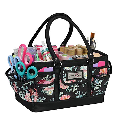 Everything Mary Black Floral Deluxe Store and Tote - Storage Art Caddy for Sewing & Scrapbooking - Craft Bag Organizer w/Handle for Supplies & Tools Organization for School, Medical, Office