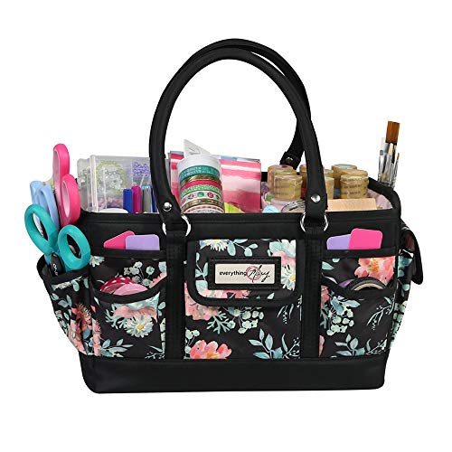 Everything Mary Black Floral Deluxe Store and Tote - Storage Art Caddy for Sewing & Scrapbooking - Craft Bag Organizer w/Handle for Supplies & Tools Organization for School, Medical, Office