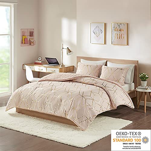 Intelligent Design Ainsley Comforter Set-Geometric Metallic Print to Faux Fur Reverse Trendy All Season Hypoallergenic Bedding, Matching Sham, Twin/Twin XL, Blush 2 Piece (ID10-1761)