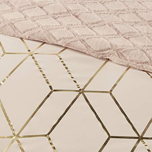 Intelligent Design Ainsley Comforter Set-Geometric Metallic Print to Faux Fur Reverse Trendy All Season Hypoallergenic Bedding, Matching Sham, Twin/Twin XL, Blush 2 Piece (ID10-1761)