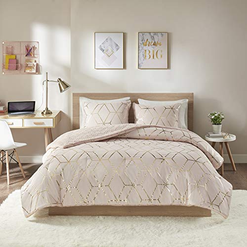 Intelligent Design Ainsley Comforter Set-Geometric Metallic Print to Faux Fur Reverse Trendy All Season Hypoallergenic Bedding, Matching Sham, Twin/Twin XL, Blush 2 Piece (ID10-1761)