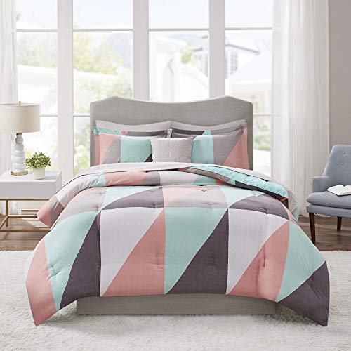 Madison Park Essentials Remy Bed in a Bag Reversible Comforter with Complete Sheet Set-Modern Geometric Triangle Design All Season Cover, Shams, Decorative Pillow, Queen(90"x90"), Aqua 8 Piece