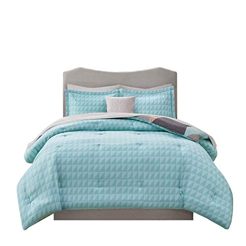 Madison Park Essentials Remy Bed in a Bag Reversible Comforter with Complete Sheet Set-Modern Geometric Triangle Design All Season Cover, Shams, Decorative Pillow, Queen(90"x90"), Aqua 8 Piece