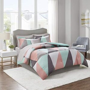 Madison Park Essentials Remy Bed in a Bag Reversible Comforter with Complete Sheet Set-Modern Geometric Triangle Design All Season Cover, Shams, Decorative Pillow, Queen(90"x90"), Aqua 8 Piece