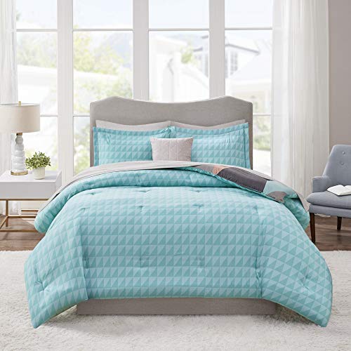 Madison Park Essentials Remy Bed in a Bag Reversible Comforter with Complete Sheet Set-Modern Geometric Triangle Design All Season Cover, Shams, Decorative Pillow, Queen(90"x90"), Aqua 8 Piece