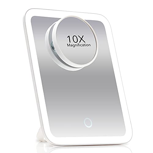Fancii Portable LED Makeup Mirror with 3 Adjustable Light Settings, 1x Large Mirror & Detachable 10x Magnifying Mirror - Cordless Lighted Mirror for Travel, 360° Rotatable Kickstand - Aura Go (White)
