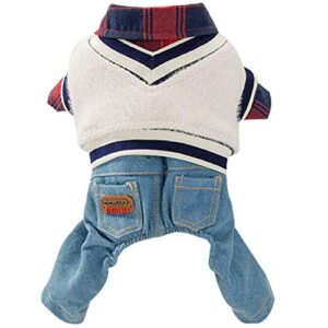 hooddeal dog clothes plaid dog shirt dog outfit overalls jeans jumpsuit with warm sweater vest two-piece cool puppy clothes for small dogs boy (medium, red-black)