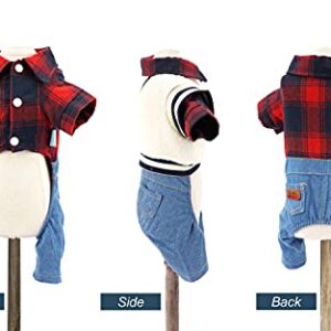 HOODDEAL Dog Clothes Plaid Dog Shirt Dog Outfit Overalls Jeans Jumpsuit with Warm Sweater Vest Two-Piece Cool Puppy Clothes for Small Dogs Boy (Medium, Red-Black)