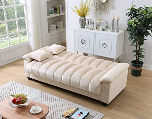 Legend Furniture Convertible Comfortable Sleeper Velvet Sofa Couch with Storage for for Living Room Bedroom Sofabed, 83'', Cream