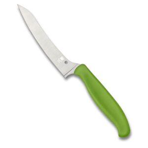 spyderco z-cut kitchen knife with 4.4" pointed tip cts bd1n stainless steel blade and durable green polypropylene handle - plainedge - k14pgn
