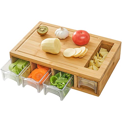 NOVAYEAH Bamboo Cutting Board with 4 Containers, Large Chopping Board with Juice Grooves, Easy-grip Handles & Food Sliding Opening, Carving Board with Trays for Food Storage, Transport and Cleanup