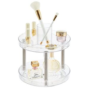 mdesign spinning 2-tier lazy susan makeup turntable storage center tray - rotating organizer for bathroom vanity counter tops, dressing tables, cosmetic stations - ligne collection - 9" round - clear