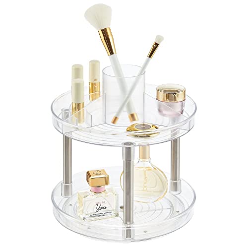 mDesign Spinning 2-Tier Lazy Susan Makeup Turntable Storage Center Tray - Rotating Organizer for Bathroom Vanity Counter Tops, Dressing Tables, Cosmetic Stations - Ligne Collection - 9" Round - Clear