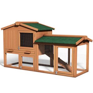 adtest two tier 58'' large wooden rabbit hutch, chicken coop bunny animal hen cage house, pet house for small animals with stairs & cleaning tray, brown