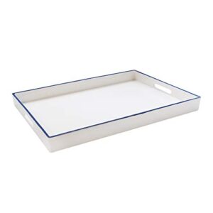 rectangle serving tray- indoor & outdoor platter for home entertaining, cocktail hour, snacks, decorative display for jewelry, candles, barware, & perfume, white/blue