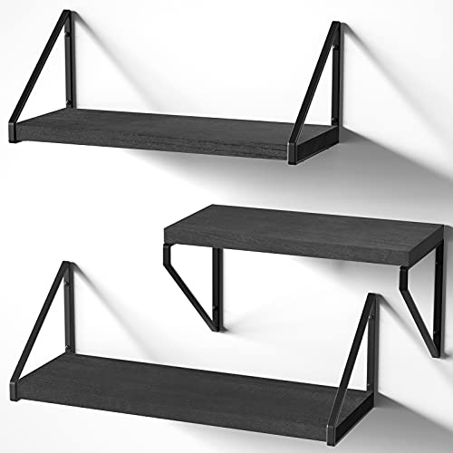 Love-KANKEI Floating Shelves,Rustic Shelves Wall Mounted Set of 3, Wall Storage Shelves for Living Room, Bedroom, Kitchen Black