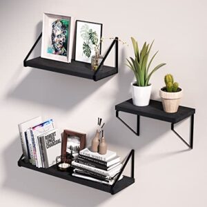 Love-KANKEI Floating Shelves,Rustic Shelves Wall Mounted Set of 3, Wall Storage Shelves for Living Room, Bedroom, Kitchen Black