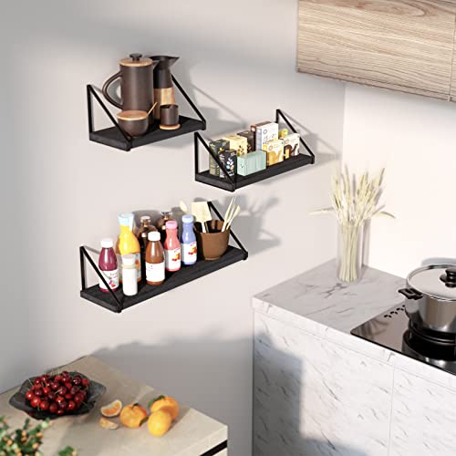 Love-KANKEI Floating Shelves,Rustic Shelves Wall Mounted Set of 3, Wall Storage Shelves for Living Room, Bedroom, Kitchen Black