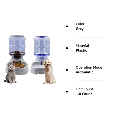 Zcaukya Automatic Cat Feeder and Water Dispenser Set, 1 Gal x 2 Gravity Dog Water Fountain Pet Food Feeder (Grey)