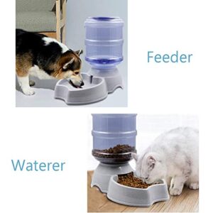 Zcaukya Automatic Cat Feeder and Water Dispenser Set, 1 Gal x 2 Gravity Dog Water Fountain Pet Food Feeder (Grey)