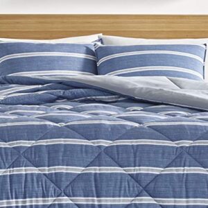 Nautica | Keller Collection | Ultra Soft & Cozy Silky Microfiber Reversible Box Quilted Comforter Matching Shams, 3-Piece Bedding Set, Queen, Blue/Grey