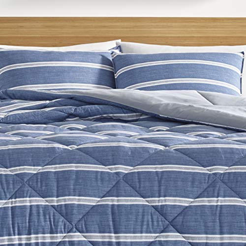 Nautica | Keller Collection | Ultra Soft & Cozy Silky Microfiber Reversible Box Quilted Comforter Matching Shams, 3-Piece Bedding Set, Queen, Blue/Grey