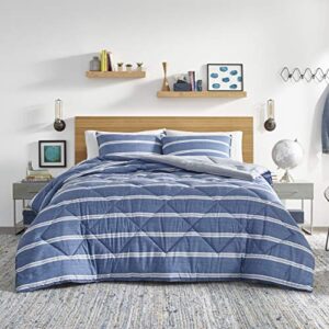 Nautica | Keller Collection | Ultra Soft & Cozy Silky Microfiber Reversible Box Quilted Comforter Matching Shams, 3-Piece Bedding Set, Queen, Blue/Grey