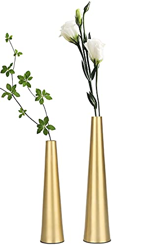 Vixdonos 10.5/8.5 inch Gold Metal Vase Small Flower Vase Set of 2 Taper Vase for Wedding Table Centerpiece Decorations, Home Decor (Gold)