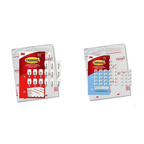 Command Light Clips, Mini, Clear, 45 Clips, 54 Strips, Indoor Use (CL806-45NA) and Wire Hooks, 16 Hooks, 24 Strips, White, Small, Easy to Open Packaging (GP067-16NA)