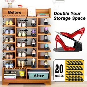 ZNCMRR Shoe Slots Organizer for Closet 20 Pack Adjustable Shoe Stacker Space Saver,Double Layer Shoe Rack Organizer Holder Black