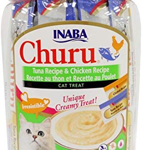 INABA Churu Lickable Creamy Purée Cat Treats Tuna Recipe and Chicken Recipe Canister of 50 Tubes