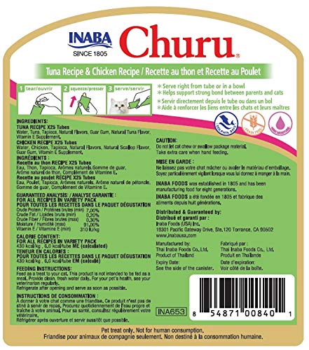 INABA Churu Lickable Creamy Purée Cat Treats Tuna Recipe and Chicken Recipe Canister of 50 Tubes