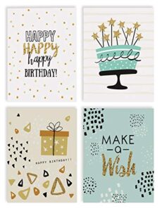 happy birthday cards, 100-pack, 4 x 6 inch, 4 cover designs, blank inside, by better office products, with envelopes, elegant gold collection, 100 pack