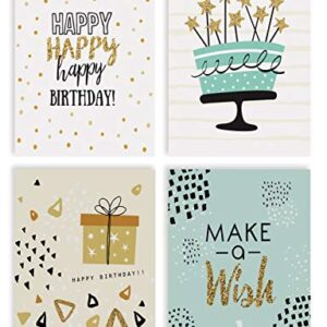 Happy Birthday Cards, 100-Pack, 4 x 6 inch, 4 Cover Designs, Blank Inside, by Better Office Products, with Envelopes, Elegant Gold Collection, 100 Pack