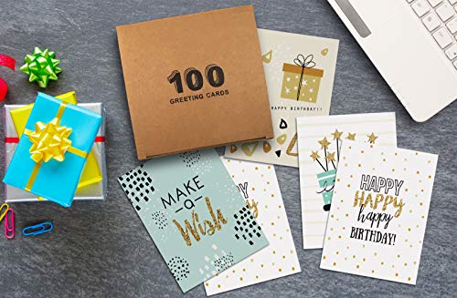 Happy Birthday Cards, 100-Pack, 4 x 6 inch, 4 Cover Designs, Blank Inside, by Better Office Products, with Envelopes, Elegant Gold Collection, 100 Pack