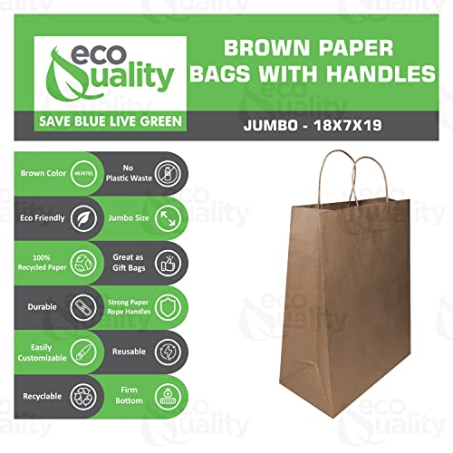 EcoQuality 18x7x19 inches - 50pcs - X-Large Brown Kraft Paper Bags with Handles, Shopping, Gift Bags, Party, Merchandise, Lunch Bags, Grocery Bags