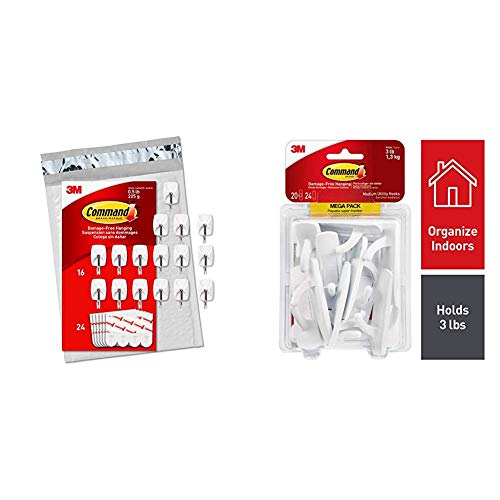 Command Wire Hooks, 16 Hooks, 24 Strips, White, Small, Easy to Open Packaging (GP067-16NA) with Command Hooks, 20 Hooks, 24 Strips