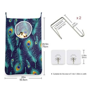 Hanging Laundry Bag Peacock Feather Door Hanging Laundry Hamper with Stainless Steel Hooks Wall Laundry Nook 1 PC