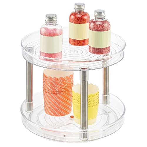 mDesign Spinning 2-Tier Lazy Susan Turntable Storage Tower, Rotating Organizer for Kitchen Cabinet, Counter, Sink, Table - Double Decker Carousel Pantry Organizer, Ligne Collection, Clear