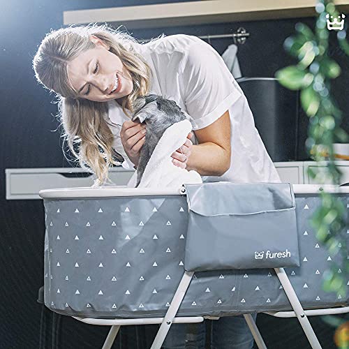 Furesh Insider Dog Bath Tub and Wash Station for Bathing Shower and Grooming, Elevated Foldable and Portable, Indoor and Outdoor, for Small and Medium Size Dogs, Cats and Other Pet (Gray)