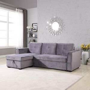 legend furniture velvet chaise storage reversible sofa bed sleeper sectional, 91", grey