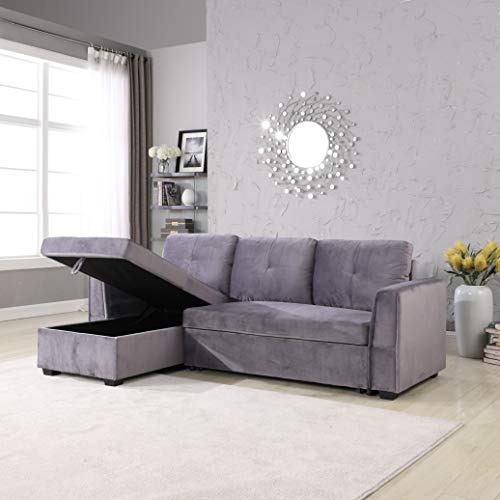 Legend Furniture Velvet Chaise Storage Reversible Sofa Bed Sleeper Sectional, 91", Grey