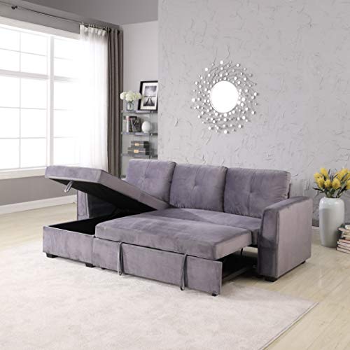 Legend Furniture Velvet Chaise Storage Reversible Sofa Bed Sleeper Sectional, 91", Grey