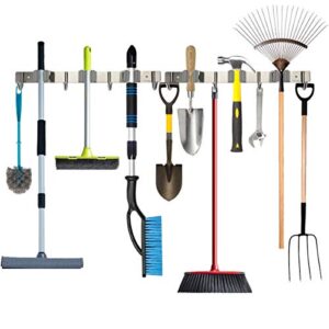 piyl broom mop holder wall mount metal tool organizer heavy duty holds up to 30 lbs, home garage garden hooks hanger rack storage 2packs