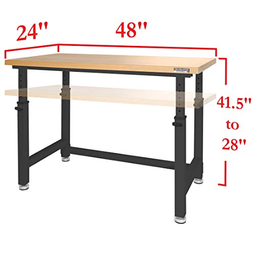 Seville Classics UltraHD Heavy Duty Height Adjustable Workbench Table w/ Solid Wood Top, 1000 lbs. Weight Capacity Workstation for Garage, Warehouse, Workshop, Satin Graphite, 48" W x 24" D Desktop